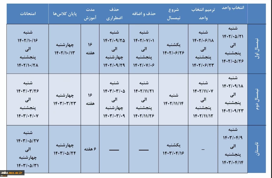تقویم آموزشی دانشگاه 2